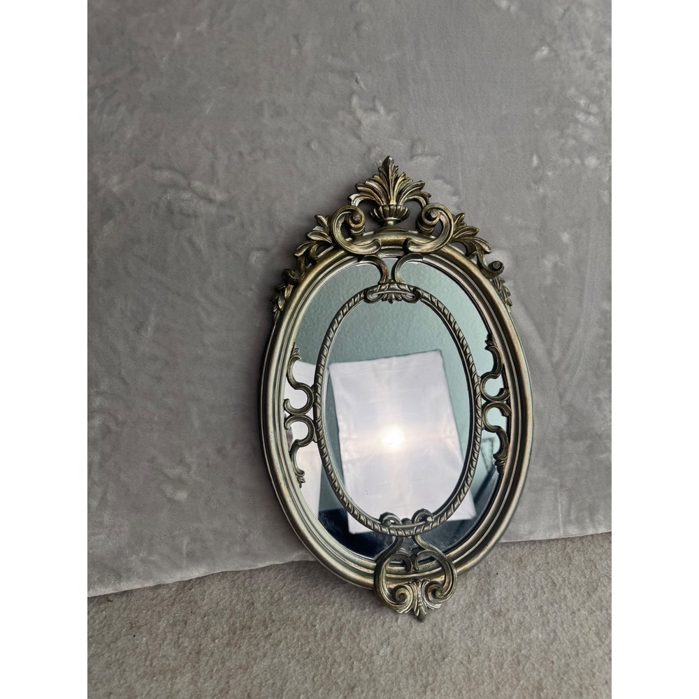Vintage Ornate Oval Mirror‎ Antique Silver Italy Baroque Scrollwork 18.5x11.5